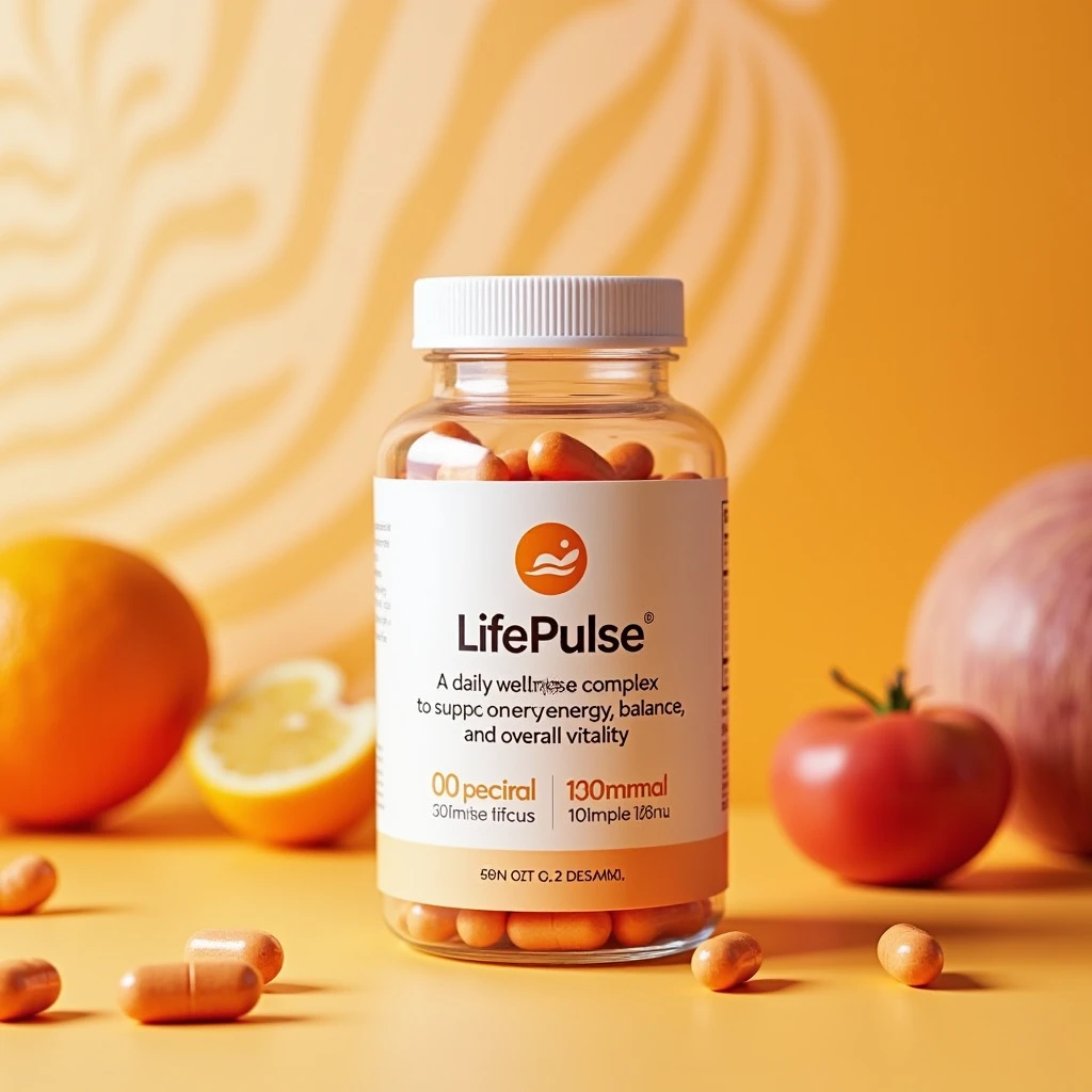 LifePulse daily wellness supplement bottle with warm sunset branding